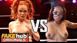 Fakehub ebony MILF and redhead teen are brutally nailed in a threesome